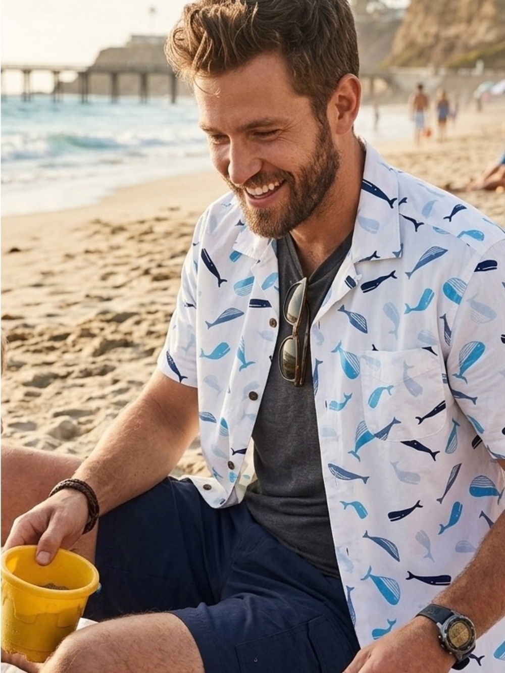 Lands' End White Short-Sleeve Button-Down Shirt with Blue Whale Print 3773